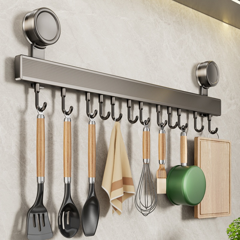 punch free suction cup modern wall mounted aluminum kitchen organizer rack with sleek brushed end ideal for hanging spoons ladles and utensils   home kitchen bathroom and office decor office decor sleek kitchen rack
