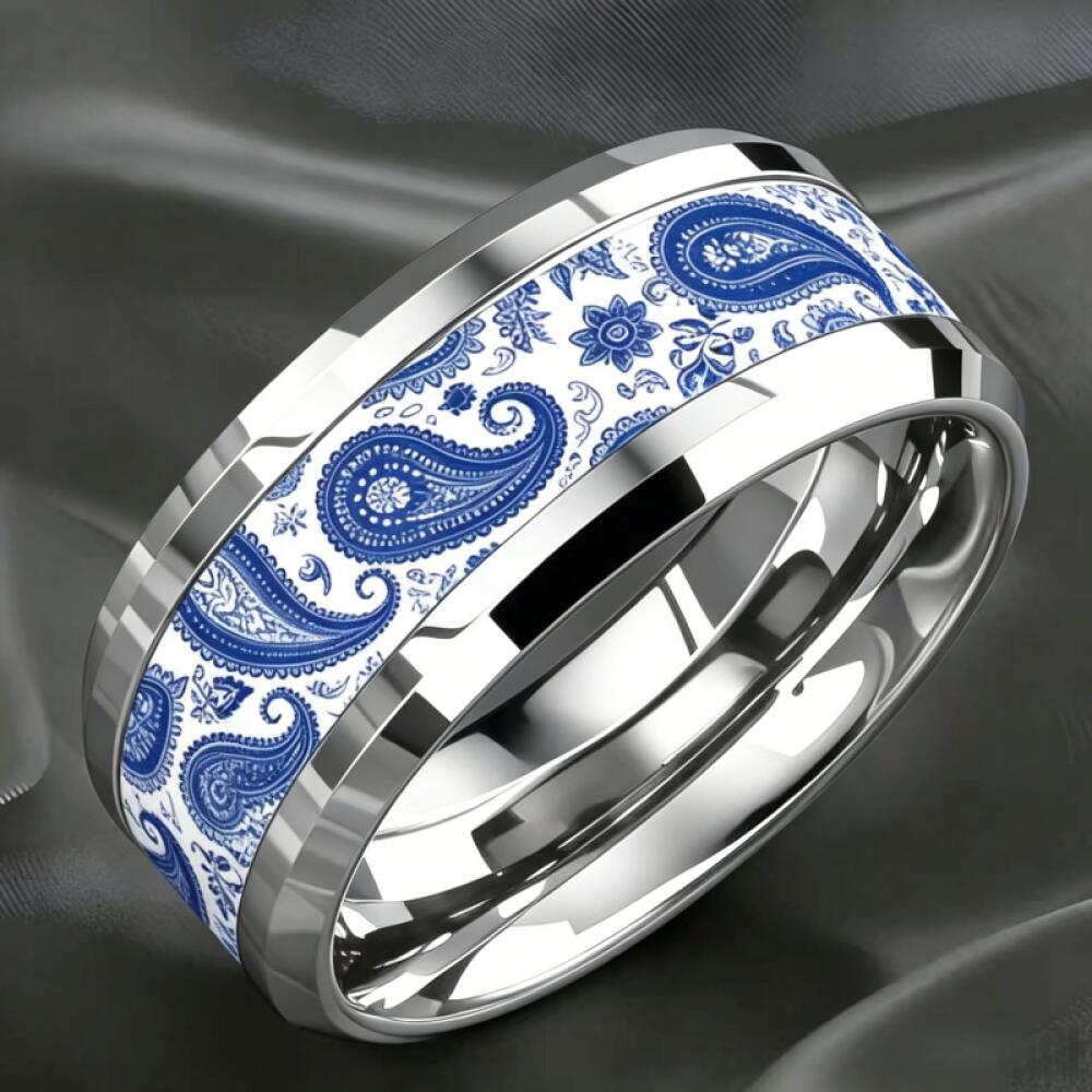Women's Vintage Chinese Porcelain Inspired Tungsten Steel Ring
