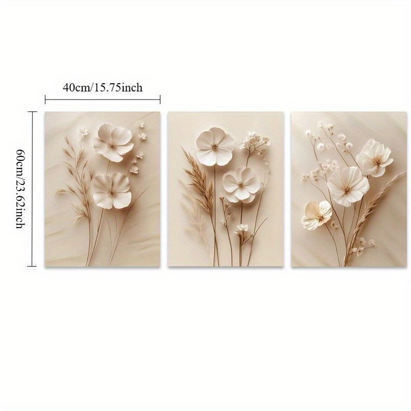 TEMU 2d Flat, 2d/flat 3pcs Set Neutral Beige Floral Canvas Wall Art, Modern Minimalist Plant Style Wall Decor, Vintage Poster Print, Suitable For