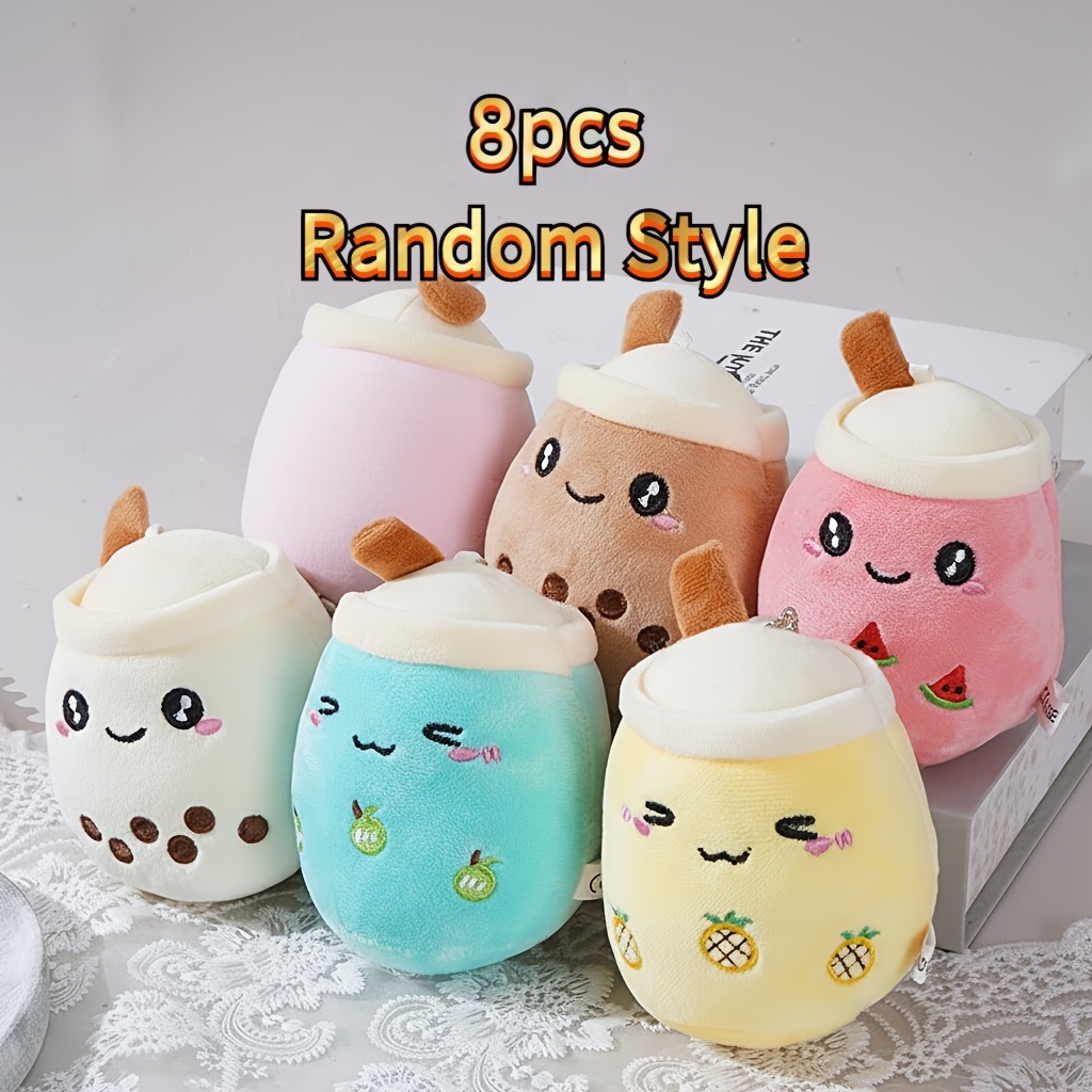 TEMU 8pcs Milk Tea Plush Toy Set - Soft Chewable Stuffed Toys, Cute Kittens With Decorative Fruits And Pearls, Suitable For Interactive Play And Pet