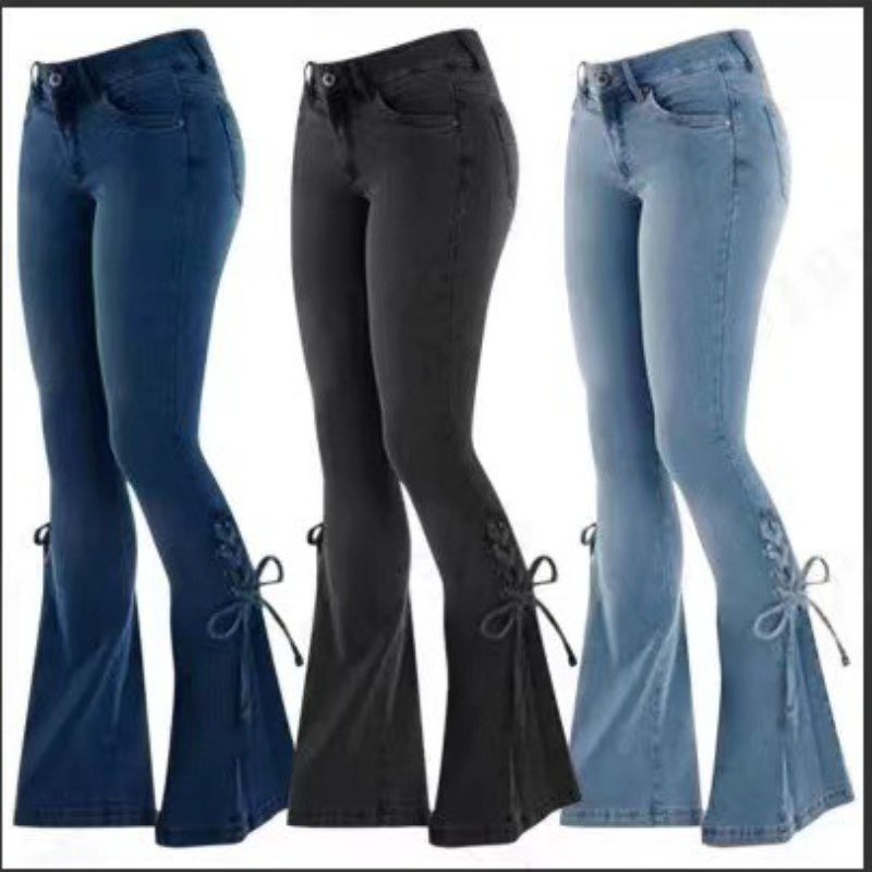 Women'S 100% High-Stretch Mid-Rise Slim Flared Jeans with Tie-Front Detail