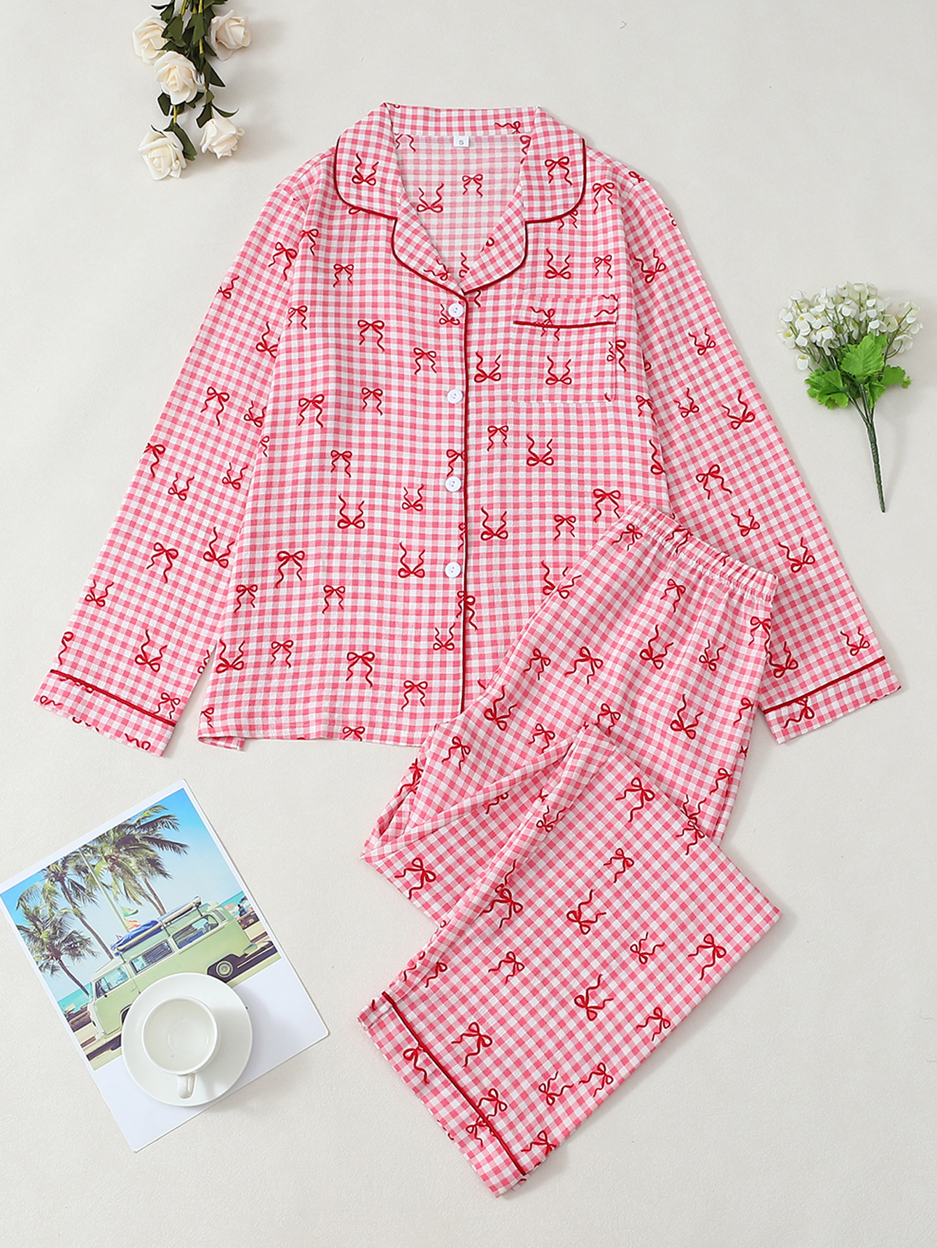 [söt rutig fest] rosa vit rutigt pyjamas set med överallt - Temu Sweden