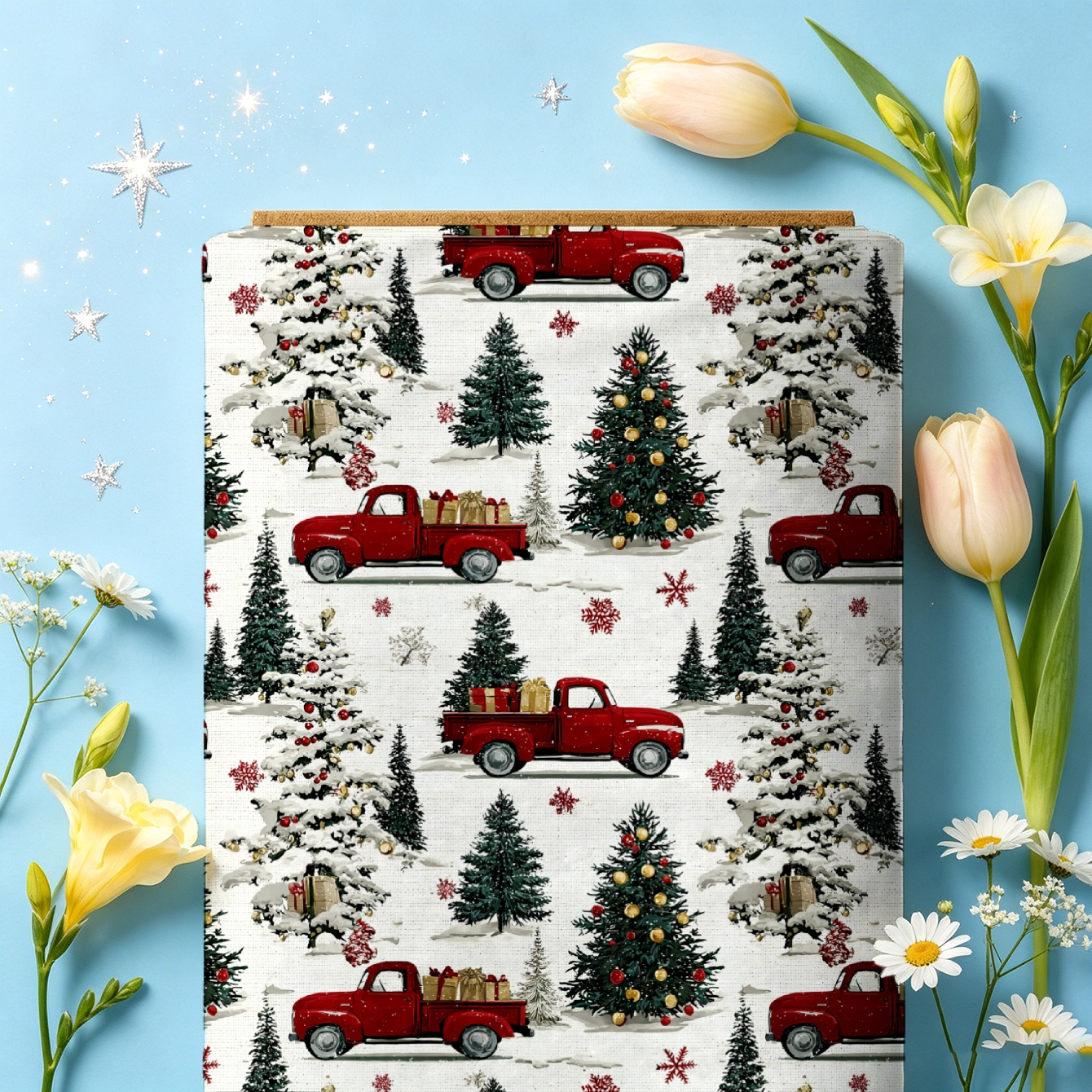 TEMU 1pc Tissu imprimé numérique motif camion rouge, sapin de Noël, de neige, disponible en plusieurs tailles, matériau doux et confortable, tissu