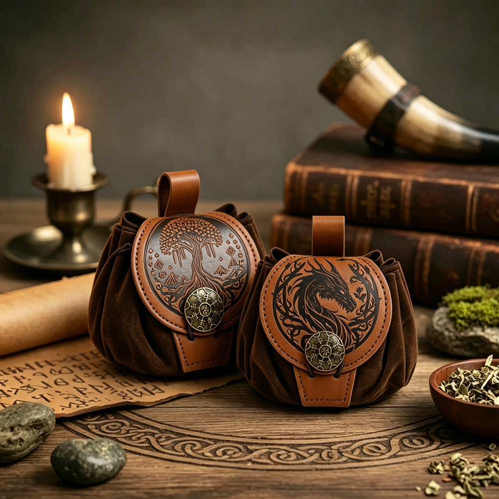 TEMU 2pcs Medieval Tree Of Life/dragon Pouch | Norse Embossed Drawstring Waist Bag For Viking Larp, Cosplay, Renaissance Halloween Costumes Props