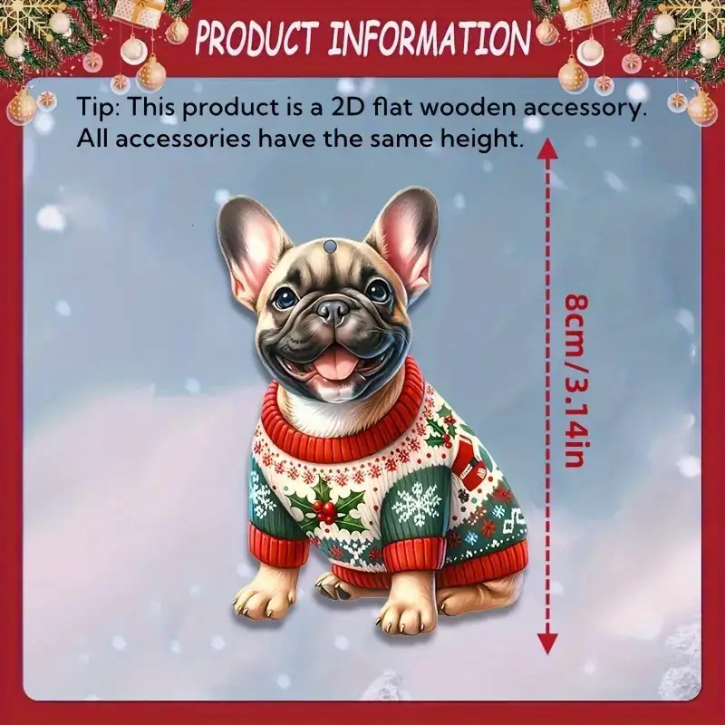 10pcs Festive French Bulldog Christmas Ornaments - Handcrafted Wooden Hanging Decorations with Santa Hats, Scarves & Holiday Outfits, Perfect for Holiday Tree & Home Decor, No Electricity Needed, Christmas Decorations