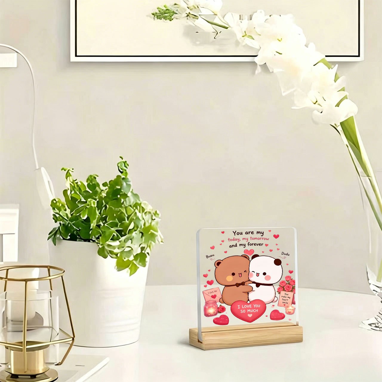 TEMU 2d Flat 1pc Heart Bear Panda Hugging I Love You Table Stand And Paperweight, Inspirational Slogan, Warm Message, Acrylic Ornament, Home Decor,