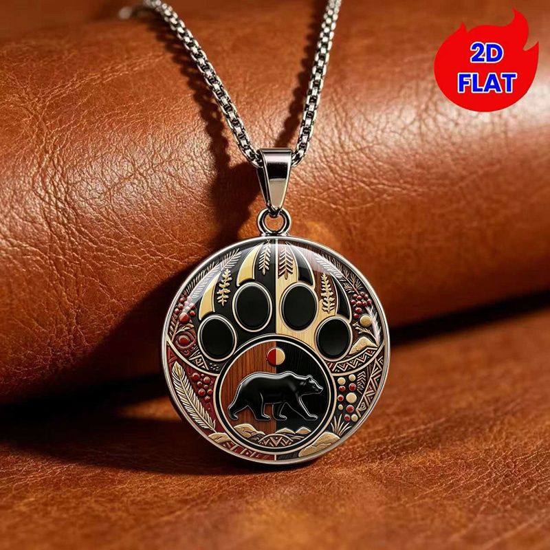 TEMU 1pc, Pendentif plat 2D en acier inoxydable style tribal vintage avec griffe d'ours, collier, style local américain, ornement en relief d'ours