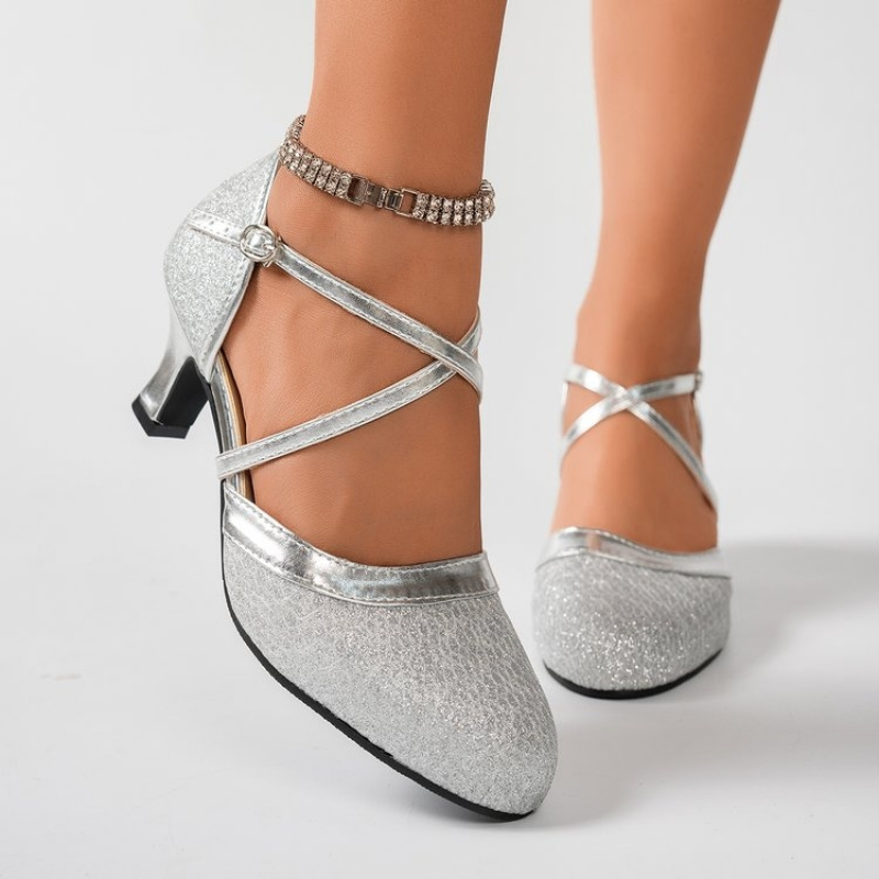 Image of Extended Sizes Women's Glitter Fabric Cross Ankle Strap Round Toe Mid Heel Dance Pumps, Elegant Curved Heel, Stage Performance Style For Ballroom Dancing, , Evening Performance& , Women Shoes