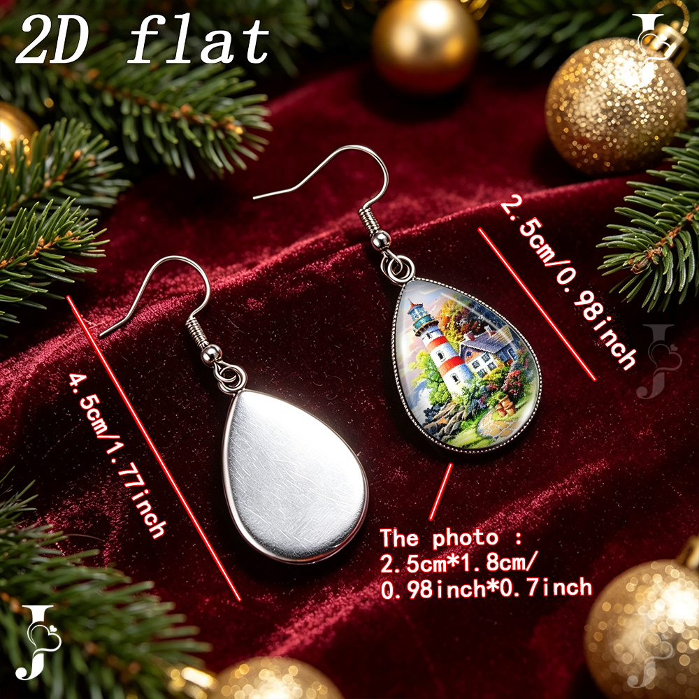 Teardrop Dangle Earrings with Coastal Lighthouse Pattern