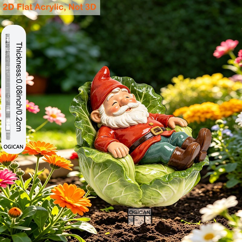 TEMU 2d Flat, [2d Flat] 1pc Retro 2d Plane Acrylic Red-hatted Gnome On Cabbage Chair Garden Stake With Base - Whimsical Lawn Decoration Suitable For
