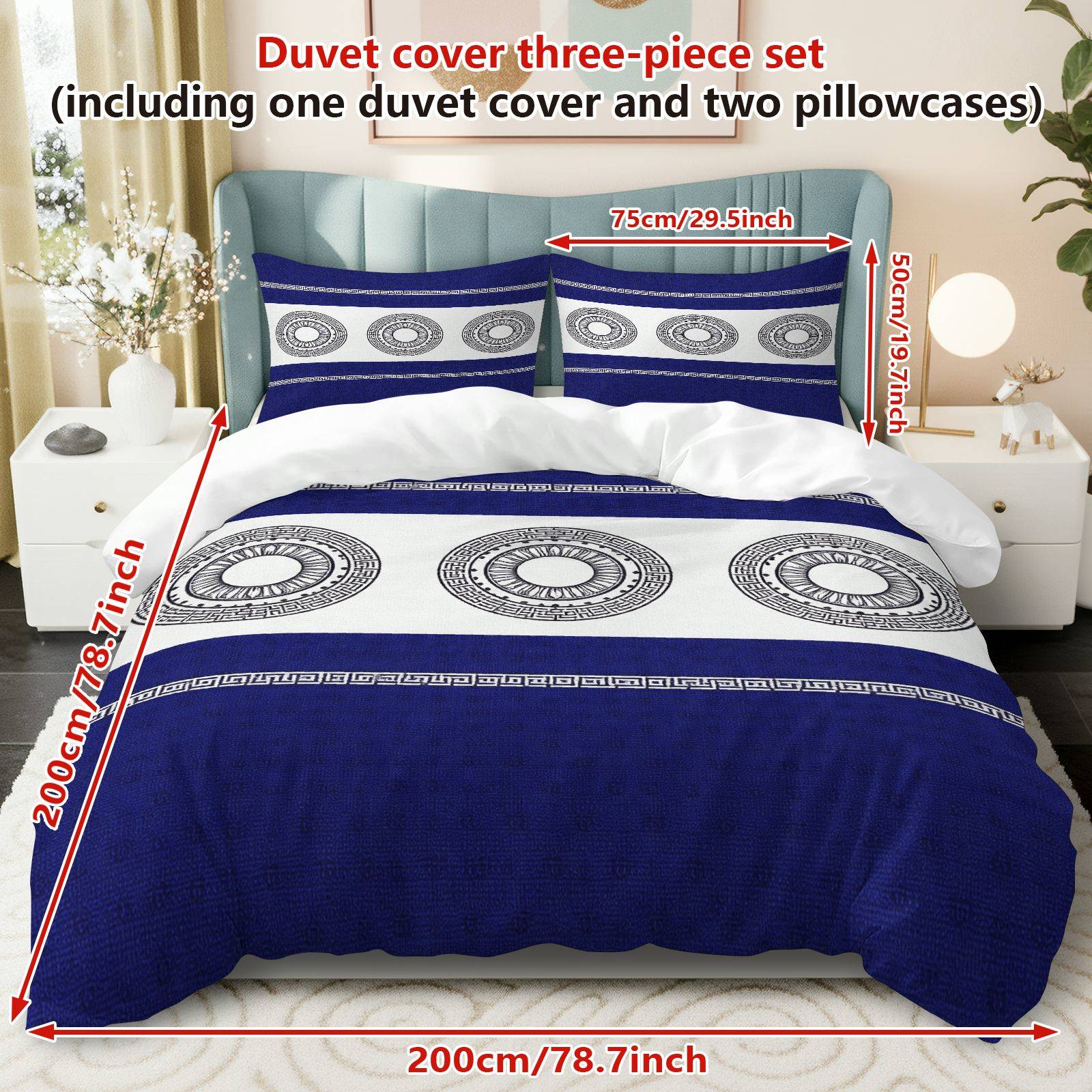 TEMU 3pcs Bedding Including 1 Duvet And 2 Pillowcases (filler Not Included), Featuring A Blue Mandala With A Greek Key Motif, Perfect For Christmas