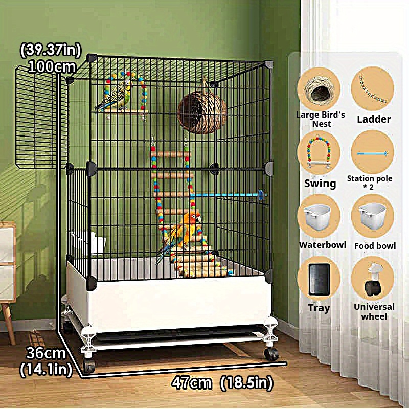 TEMU [easy To ] Black Widened Parrot Villa(including Swing+ Ladder+ Food Bowl) Home Large Bird Cage Black Phoenix Peony Cage