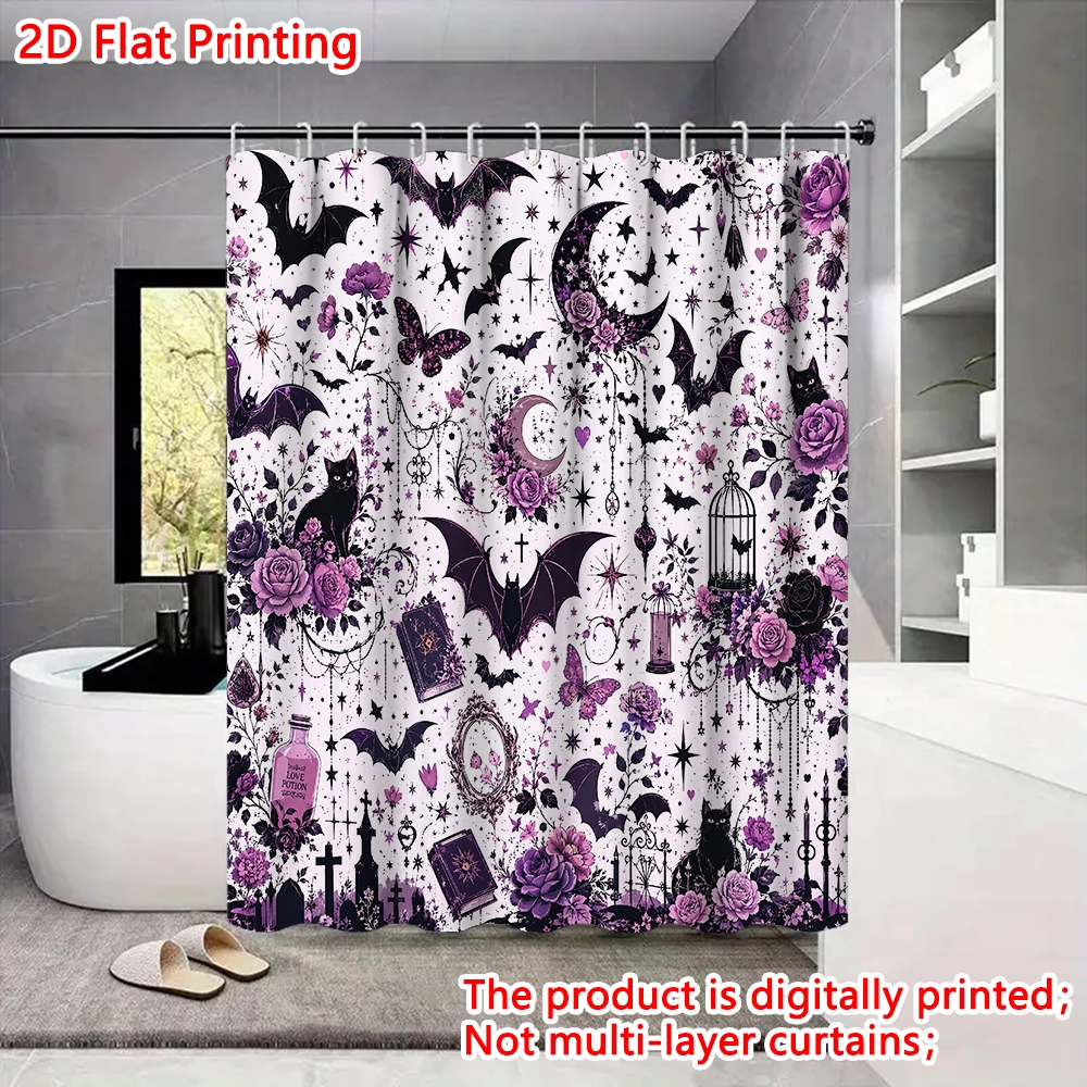 품목 사진 2d 플랫, 2d 플랫, 2d 플랫 프린팅 할로윈 고딕 플로럴 박쥐와 고양이 패턴 샤워 커튼 1개 - 사계절 사용, 다양한 사이즈, 세탁기 사용 가능, 욕실, 욕조, 창문 장식에 적합