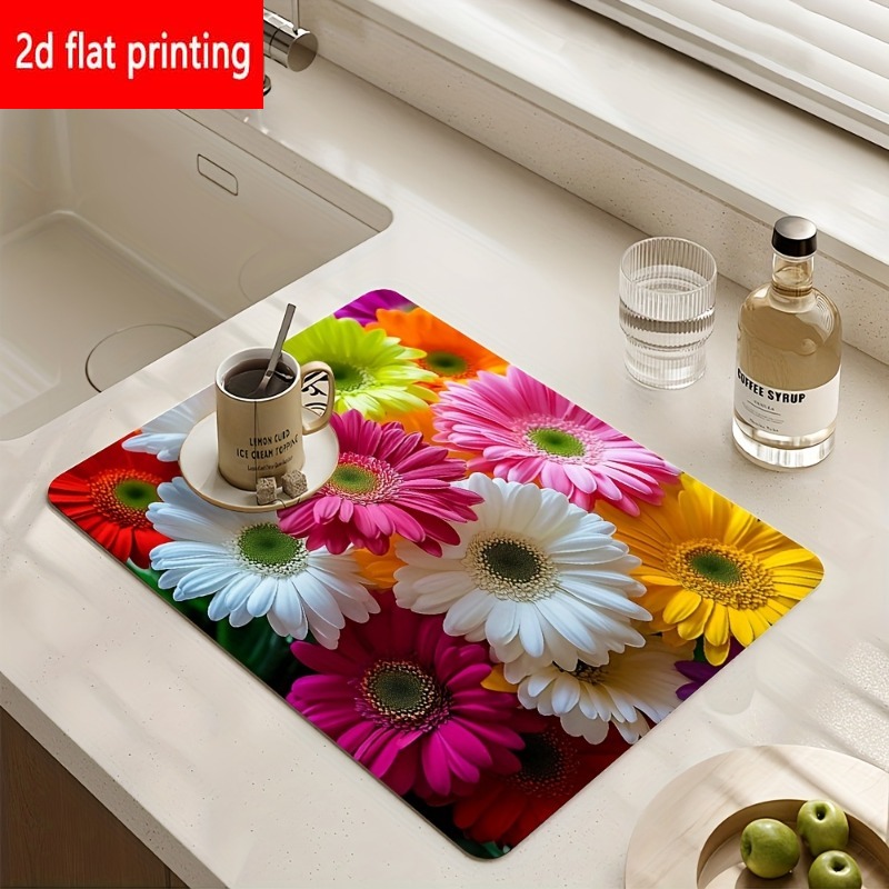 TEMU 2d Flat Printing, 1pc, Colorful Daisy Pattern Absorbent Placemats, With Colorful Daisy Floral Patterns, Suitable For Dish Drying Mats, Coffee