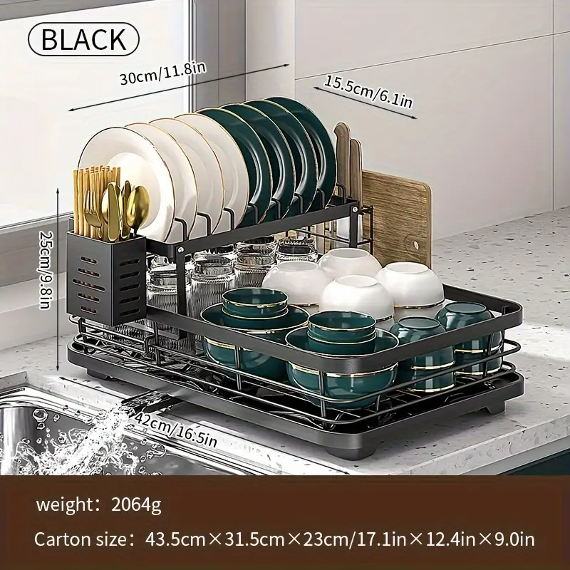 2 tier stainless steel kitchen dish drying rack with drain tray knife holder cutting board stand large capacity auto drainage organizer for bowls plates cups utensils chopsticks utensil holder spacesaving design dish drying rack for kitchen counter utensil storage sleek dish rack material Product details 0