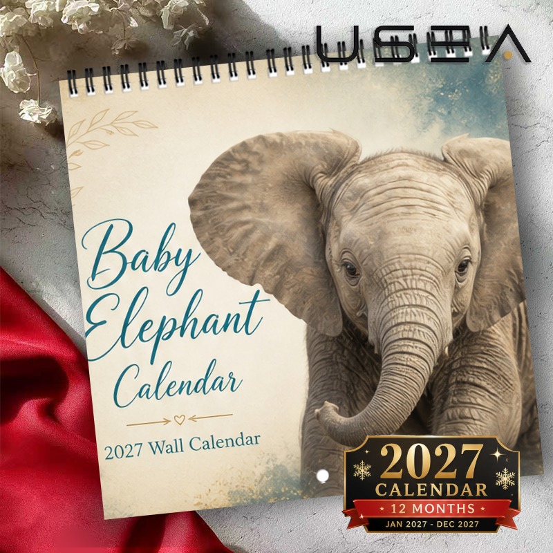 TEMU 2027 Wall Calendar 2027 Baby Elephant Wall Calendar, 12-month Monthly Planner & Yearly Organizer, Twin Wire Spiral Hanging Calendar With Large