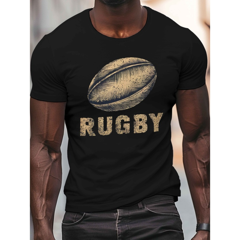 

T-shirt pour Hommes avec de Ballon de Rugby d'Inspiration Vintage - Col Rond Décontracté à Manches Courtes, Chemise d'Été en Polyester Léger avec Imprimé Doré "RUGBY