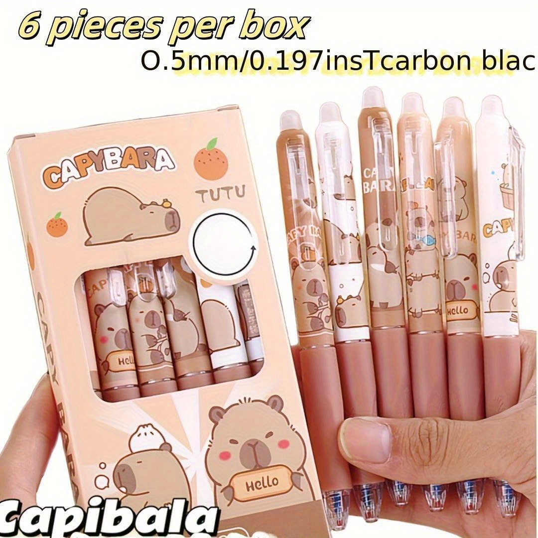 Image of 6-pack Capybara Retractable Erasable Ballpoint Pens, Blue Ink, 0.5mm Fine Point, Lightweight, Comfortable Grip, Quick-dry, Ideal For Office Use, Perfect Gift