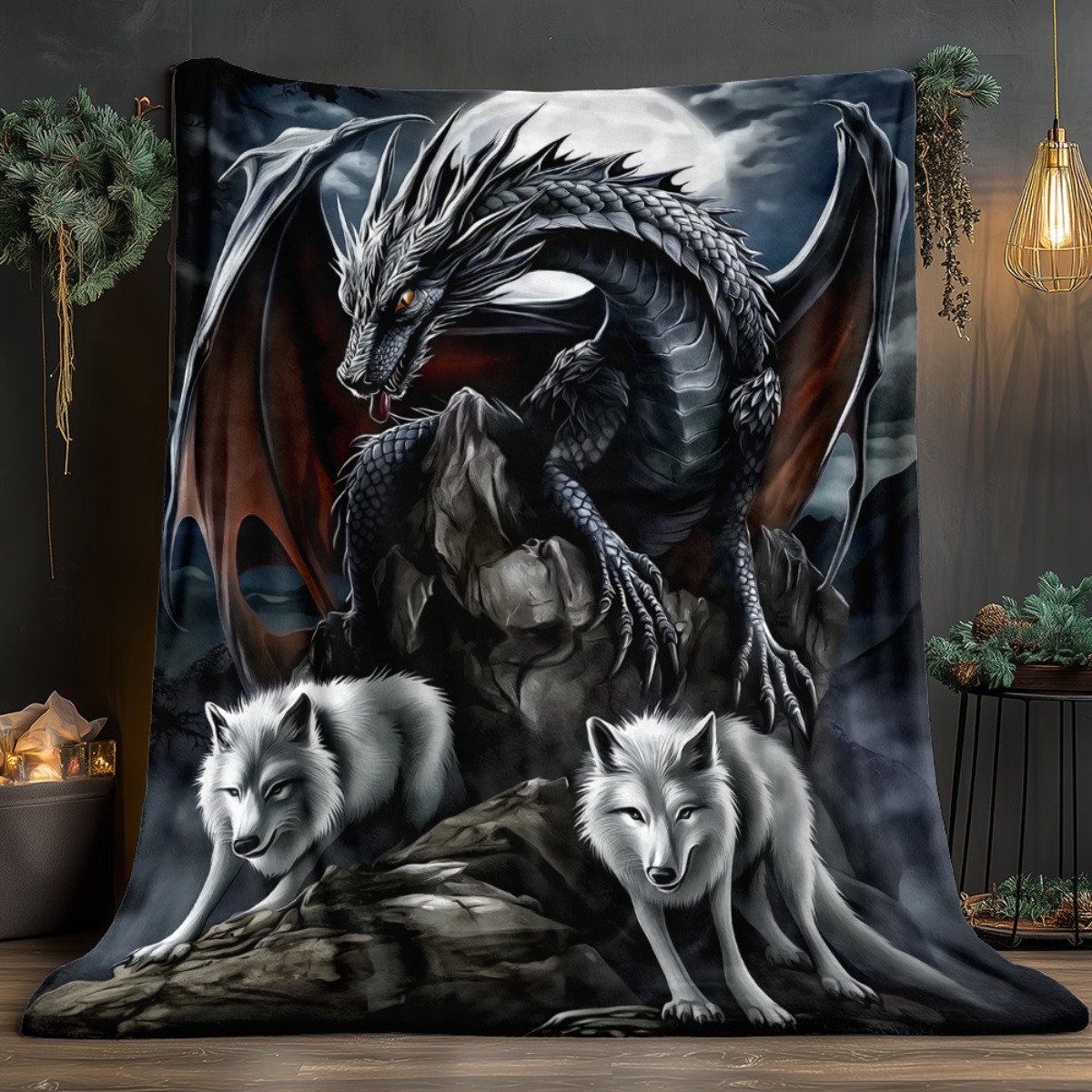 TEMU 1pc Fantasy-themed Blanket, Printed With Black Dragon And Twin , Thickened Fleece Blanket, Soft And Warm To The Touch, Suitable For Bed Or Sofa