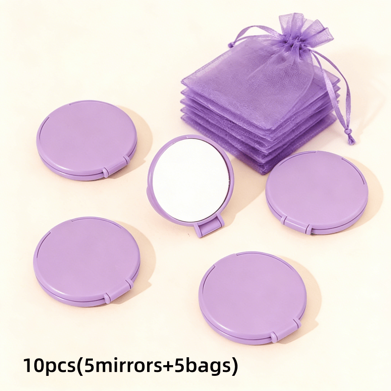 TEMU 10pcs/set, Includes 5 Mirrors And 5 Bags, Purple Mini Folding Makeup Mirrors With Purple Bags, Portable Round Compact Travel Mirrors For Women,