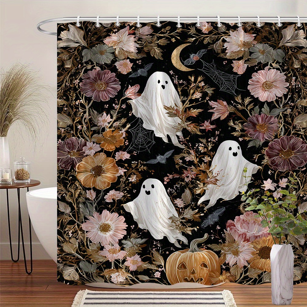 TEMU 1 Halloween Shower Curtain Featuring Adorable And A Pumpkin , Made Of Polyester Fabric. This Bathroom Decoration Measures 70.8x70.8 Inches And