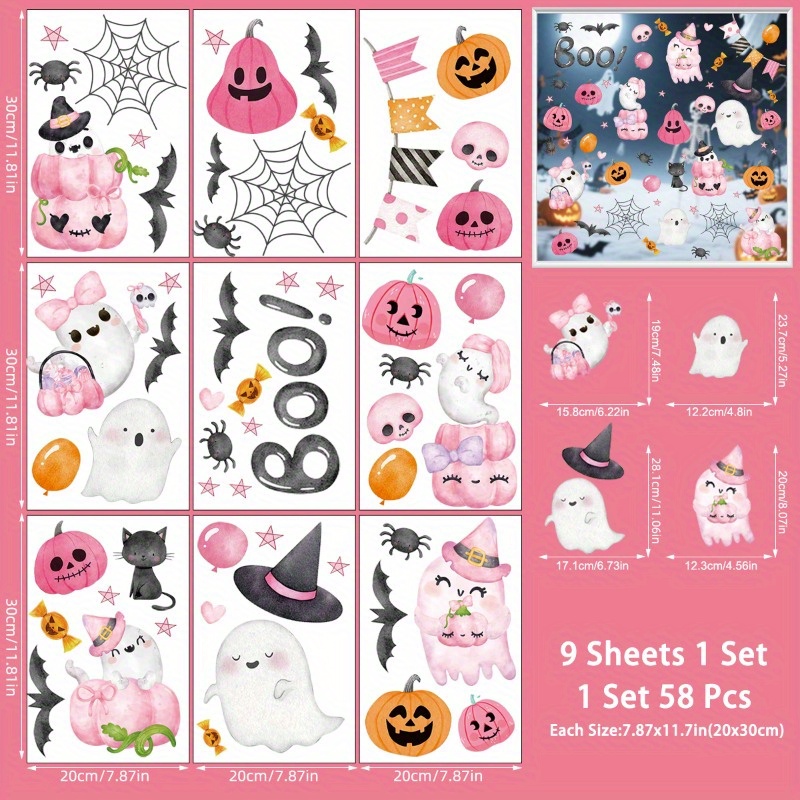 58pcs Pink Halloween Window Clings Decor, Cute Window Stickers For Party Decorations, Pumpkin Bat Decals For Home