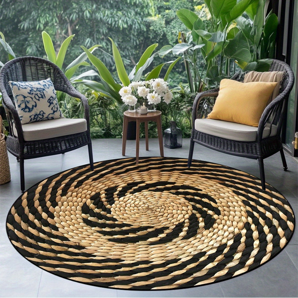 TEMU 1 Bohemian Woven Printed Pattern Round Area Mat, Suitable For Outdoor Patios, Bedrooms, Dining Rooms, Or Living Rooms. Classic Printed Pattern