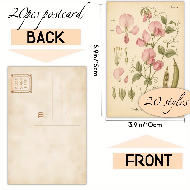 TEMU 20pcs Vintage Postcards, Vintage Postcards, Vintage Botanical Illustration Paper Postcard Set, Blank Decorative Art Mixed Postcards For Gift,