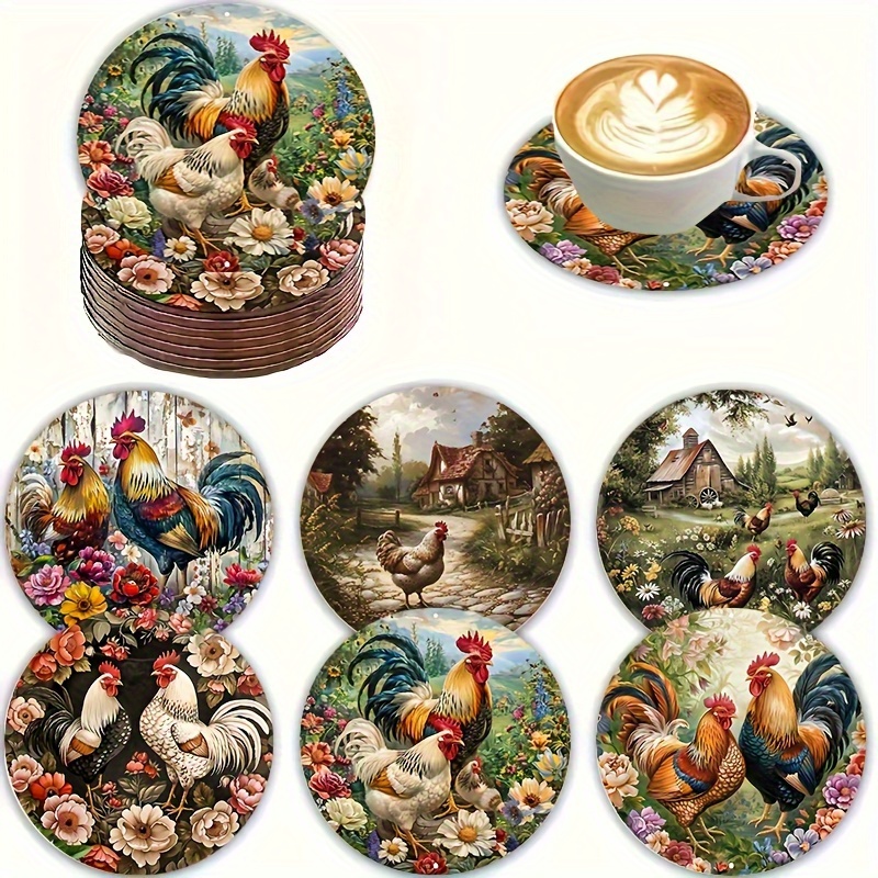 TEMU Set van 6 Houten Onderzetters met Kippenpatronen - Ronde, Hittebestendige en Antislip Drinkmatten, Geschikt voor Huisdecoratie en Feestjes - Een