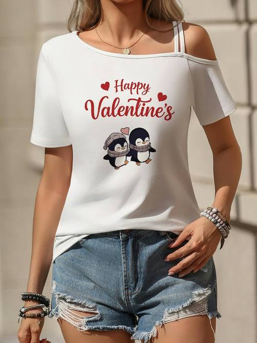 objektbild damernas axelbandslös kortärmad t-shirt med två pingviner & hjärtan tryck - casual , medium stretch vår- och , lämplig för vår, och höst, maskintvättbar casual klädsel för s och vardagsoutfits