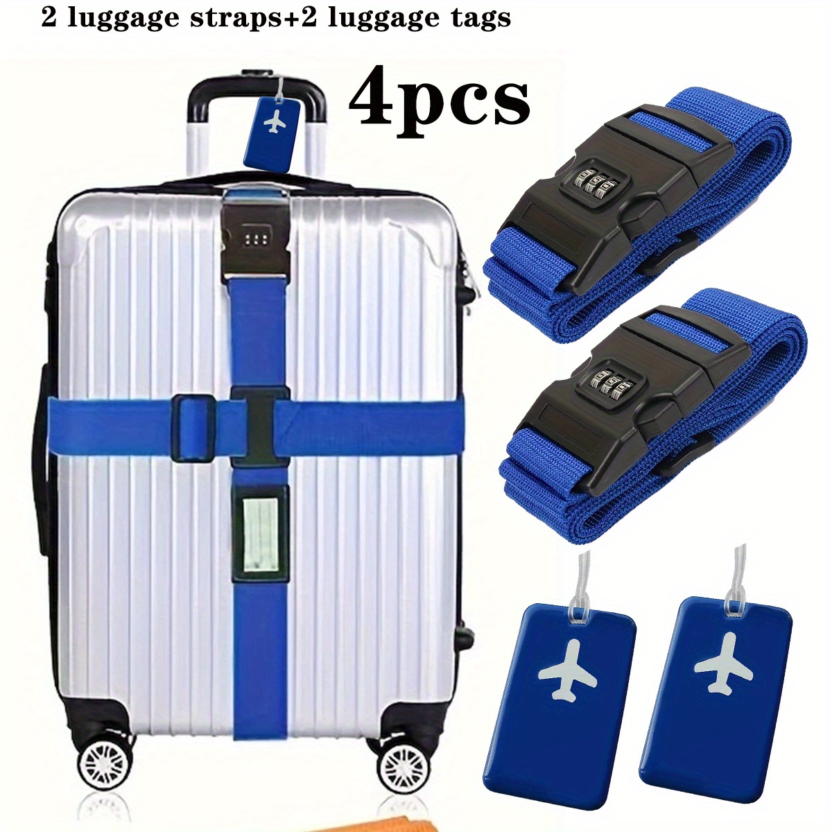 TEMU 4pcs Luggage Straps With Tags Set, 2pcs Suitcase Straps With Password Lock 2pcs Luggage Tags, Travel Packing Additions Set. Equipped With Lock,