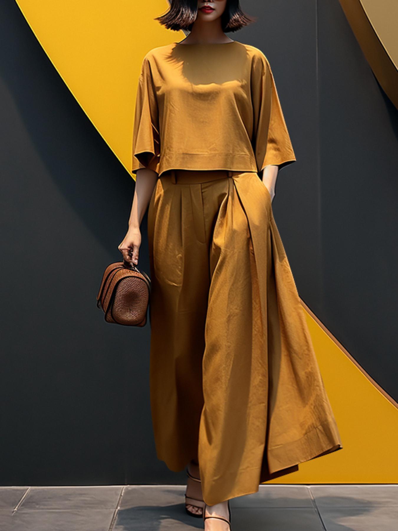 2pcs women sets oversized 3 4 sleeve blouse round neck baggy   and pants wide leg long trousers suits lightweight solid simple casual loose outfit plus size details 9