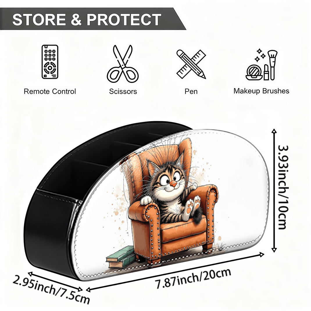 Image of 2d Flat 5-compartment Pu Leather Remote Control Holder, Tv Remote Organizer - Cartoon Cat Sitting On A Sofa - Decor, Home And Kitchen Accessories, Bathroom And Bedroom Storage