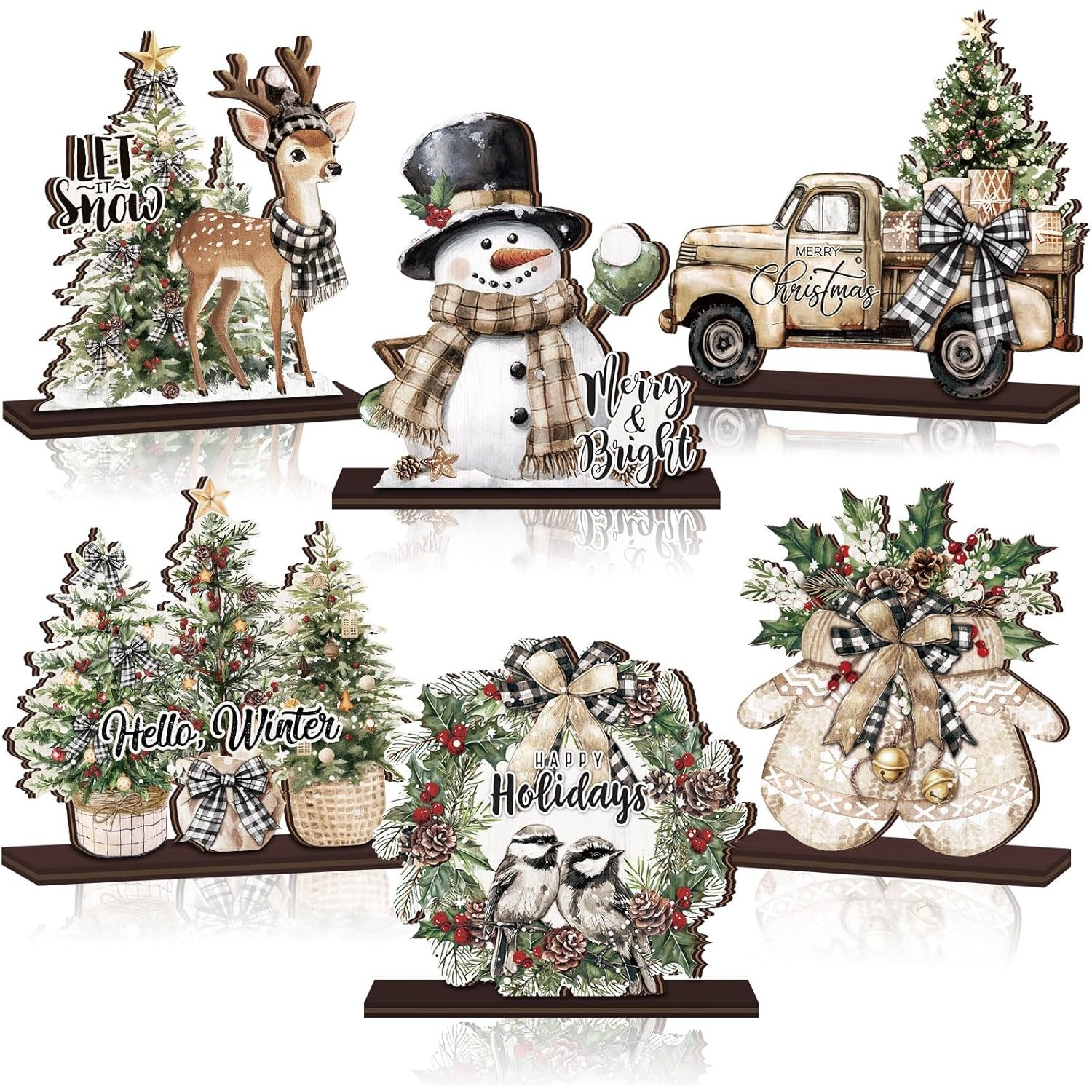 TEMU 6pcs Snowman Wooden Table Decorations Wood Tabletop Sign Centerpiece Rustic Decorations For Office Desk Farmhouse Home Kitchen Tiered Tray Decor