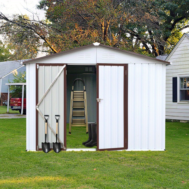 Heavy-Duty 8x6ft Metal Garden Shed with Apex Roof - Outdoor Storage building, Locking Doors, Ventilation Vents - Ideal for Backyard, Garage, Workshop - Durable Metal Construction (White+ Coffee Colors), Backyard Organization, Gable Roof Design, Weatherresistant Material, DIY Enthusiasts