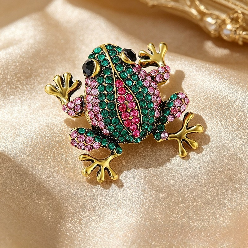 TEMU 1 pieza de broche de rana pedrería, alfiler de solapa de animal en tono dorado, broche de rana colorido para mujer para traje, pañuelo, vestido,