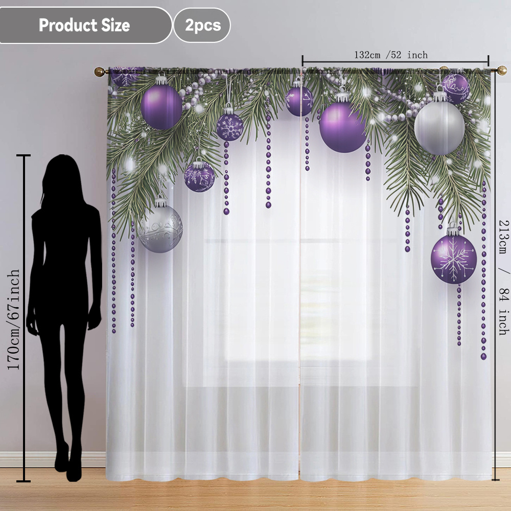 TEMU 2pcs Christmas Purple And Silver Decorative Printed Curtains, Featuring A Modern Artistic Style, Suitable For Kitchens, Cafes, Dining Rooms, ,