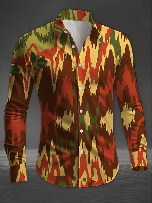 item picture printed design not textured casual mens shirt comfortable and versatile mens long sleeve shirt christmas halloween party top with red green and yellow irregular color block pattern fashionable and trendy