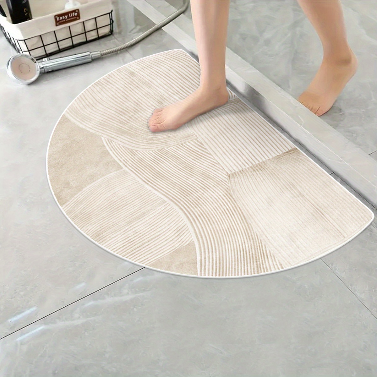 1  fleece washed base anti slip machine washable easy fold 1100gsm 4 3mm thick half circle doorway mat minimalist beige irregular line bathroom rug comfortable plush non slip   mat for home entrance decor Product details 0