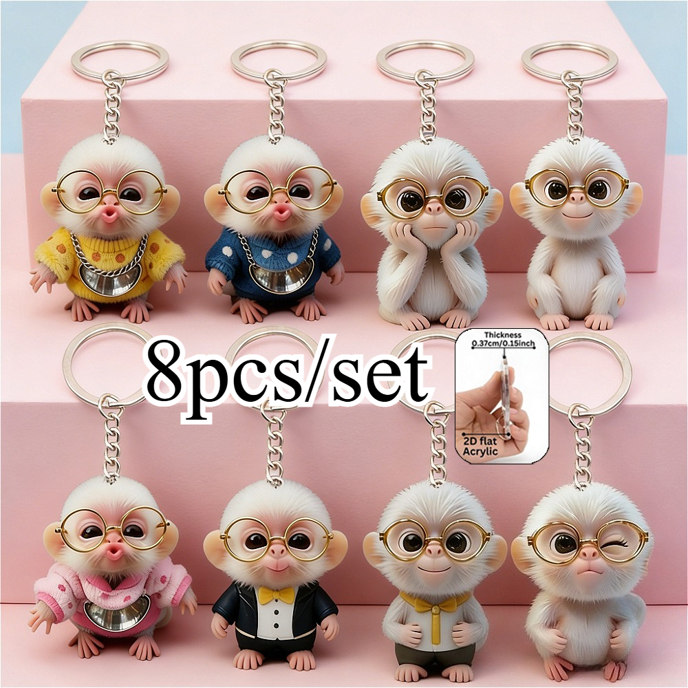 TEMU 8pcs Monkey Keychain Set, Cartoon Pouting Monkey Pendant, Cute Monkey With Glasses Keychain, Backpack Charm, Unisex, Monkey Pendant, Couple