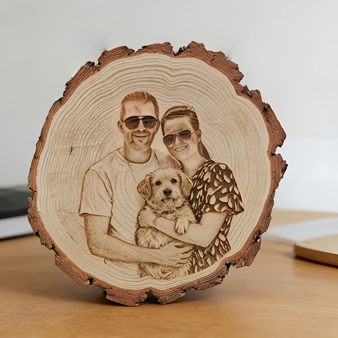 TEMU 2d Flat Custom Photo Wooden Sign - Laser Printed Retro Bark Wood Frame With Tree Ring Decor, Round Desktop Photo Ornament, Suitable For