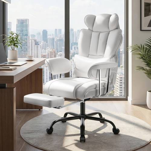 desk office chair big and tall faux leather ergonomic office chair 200kg adjustable high back computer chair executive swivel chair with footrest and lumbar support white