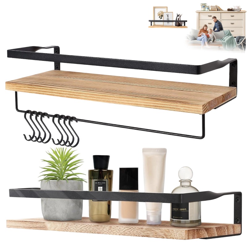 Image of 2pcs Floating Shelves Wall Shelf Wall Shelf Wooden For Bedroom Bathroom Living Room Kitchen Storage, Wooden Storage Shelves With 8 Hooks For Bathroom Living Room Bathroom Office, Shelves