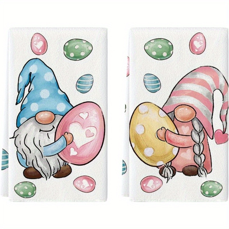 

2pcs Easter Gnome Kitchen Towels - 18x26 Inch, Colorful Egg Design With & , Soft & Absorbent Polyester Hand Towels For Spring Decor, Kitchen & Bathroom, Gnome Decor