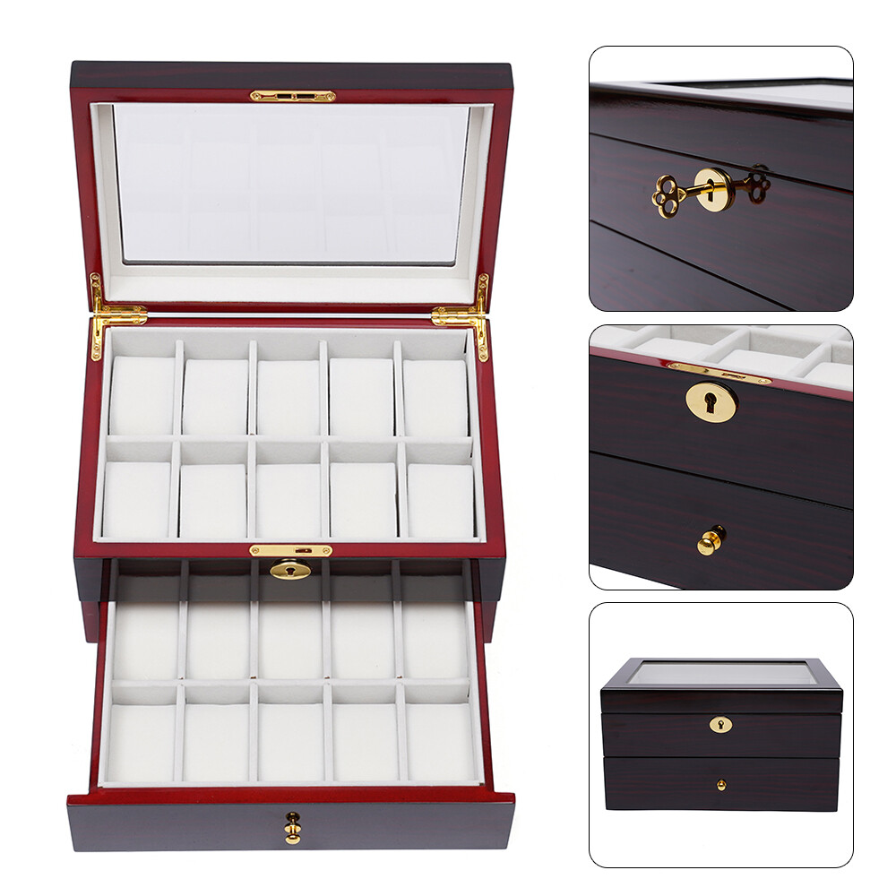 Image of Elegant 20 Slot Wood Watch Box Display Case Glass Top Jewelry Storage Organizer Box+lock 29*21*16cm