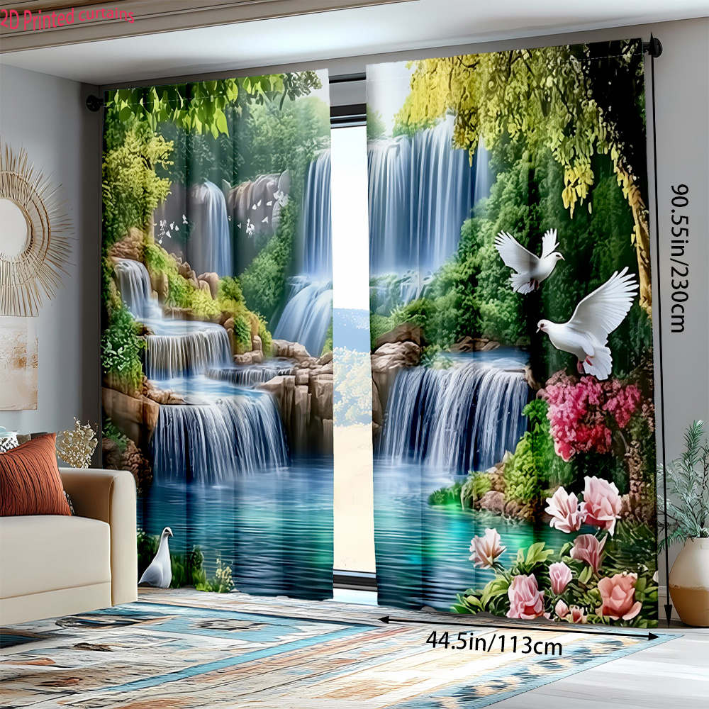 TEMU 2d Flat - 2d Flat - [2d Flat Print] 2pcs Curtains With Landscape, Waterfall, , And Floral , Easy To Hang With Rod, Suitable For Living Room And