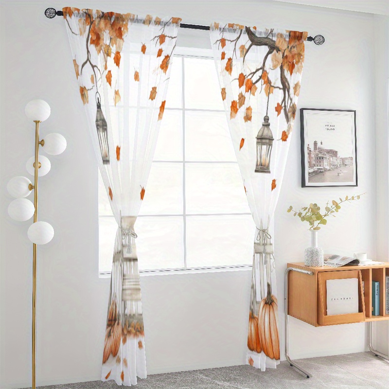 TEMU 2D Plat, 2pcs Rideaux Translucides Noël-Halloween en Mousseline - Impression Numérique Opaque 2D, Design à Poche pour Tringle, Décoration de