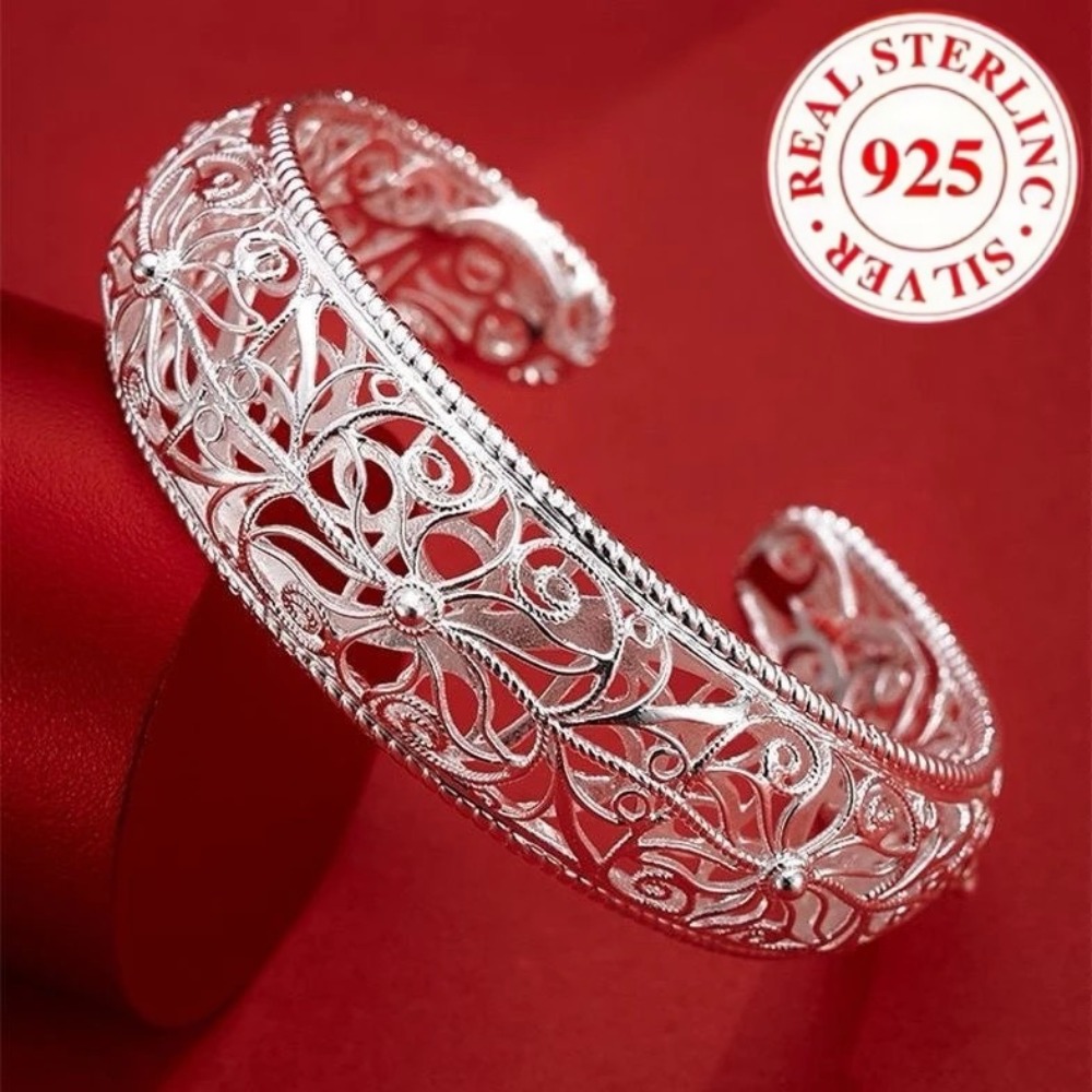 TEMU S925 Silver Hollow Fiber Wide Face Bracelet, Style , Adjustable Opening