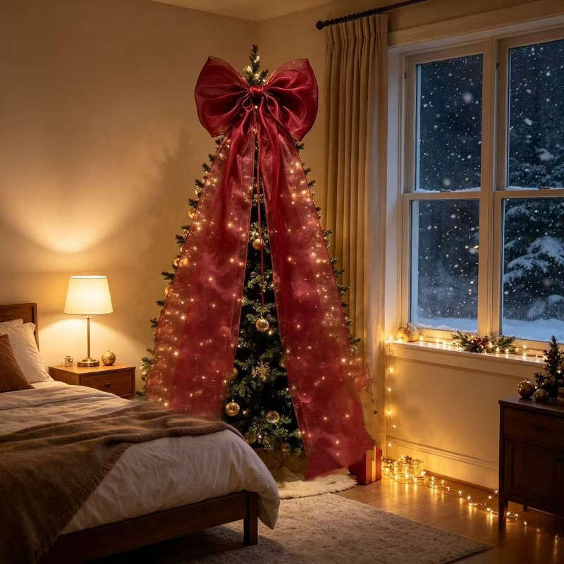 TEMU 190cm Enormous Christmas Tree Topper Bow - Handmade Organza , Red Burgundy Elegant Extra Large Treetop Star Decoration, Xmas Holiday Winter Home