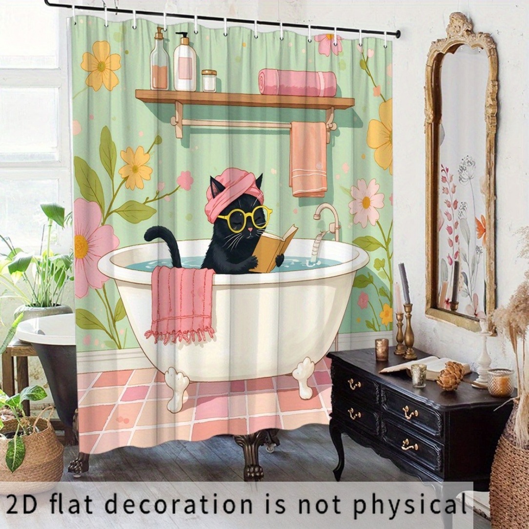 TEMU 2d Flat, 2d Flat, 2d Curtain 1pc, Retro Bathroom Cat Curtain, Black Cat With Yellow Glasses And Pink Headscarf, Reading In Bathtub, Retro Floral